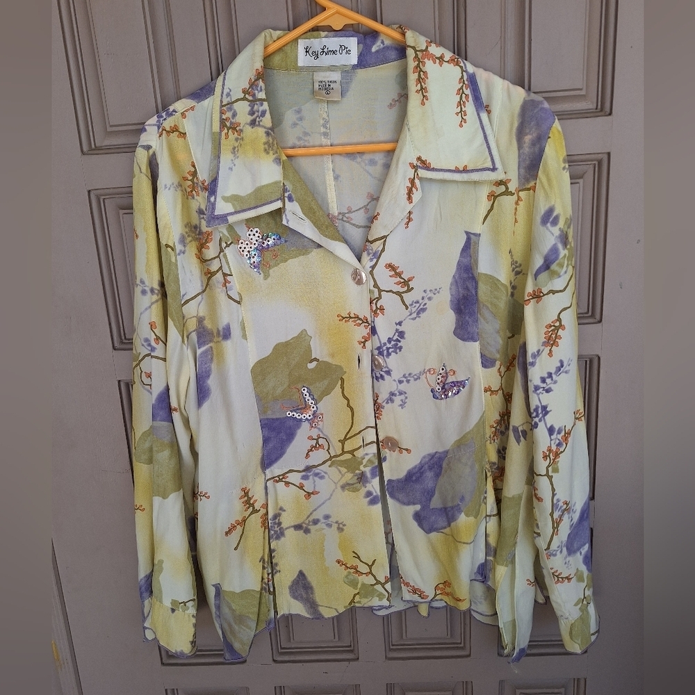 Key Lime Pie Blouse SzL Tencel/Cotton Lavender/Yellow Long Sleeves Button Front